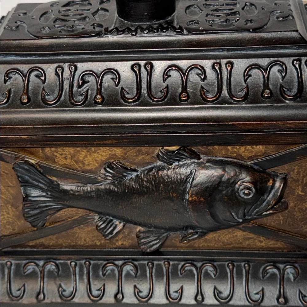 Vintage Decorative Brown Fish Box Featuring a Relief Style Fish Theme. Heavy